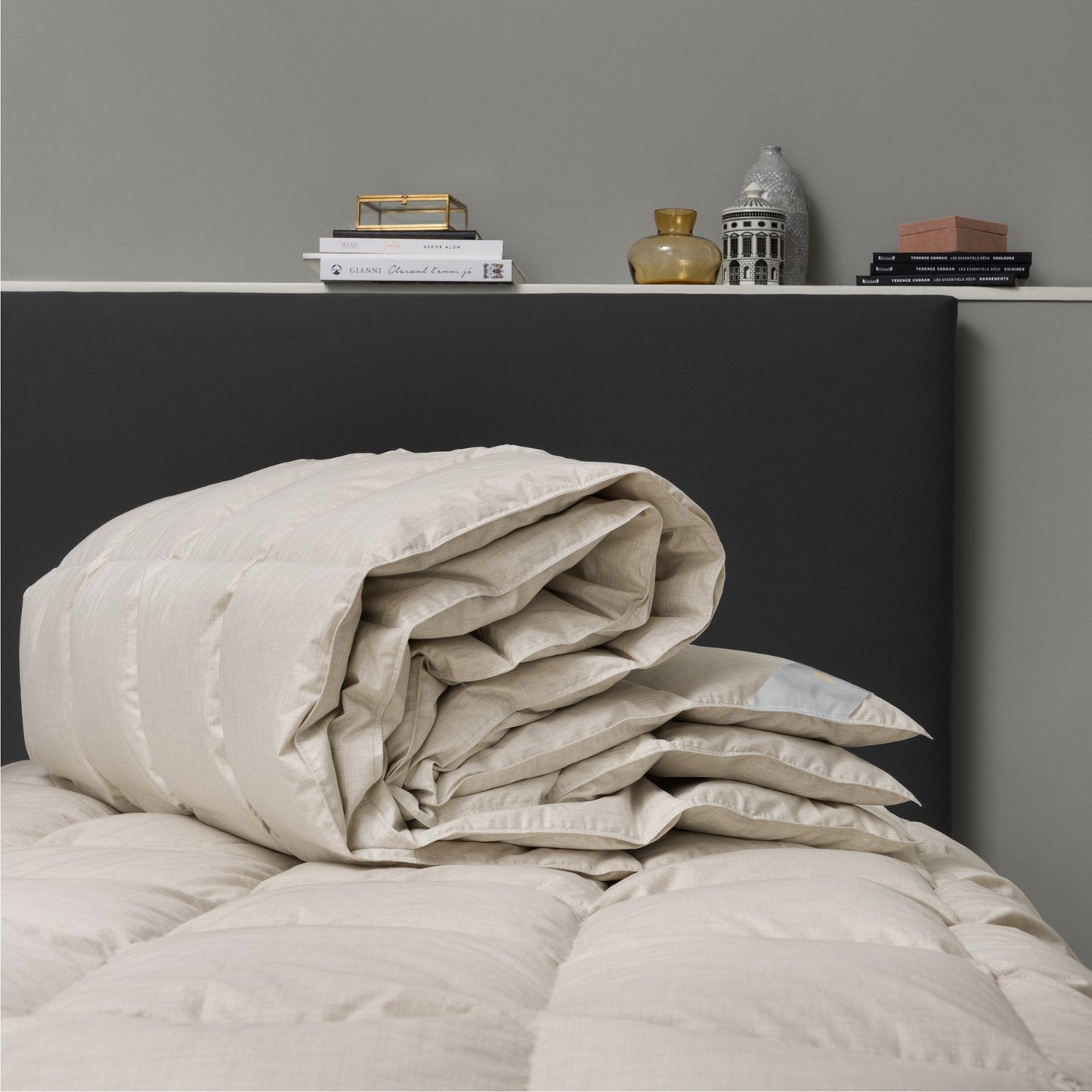 queen size Goose down duvet folded nicely on bed