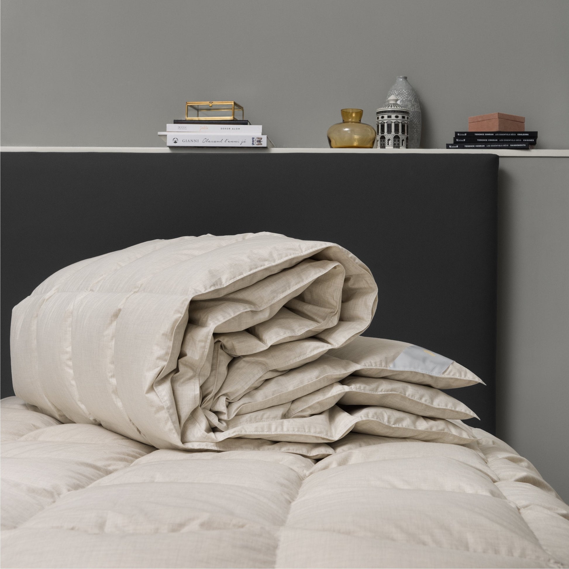 queen size Goose down duvet folded nicely on bed