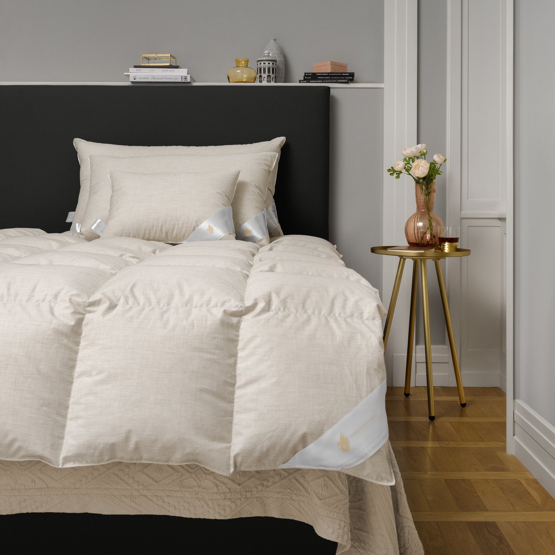 beautiful Goose down duvet and pillows on bed